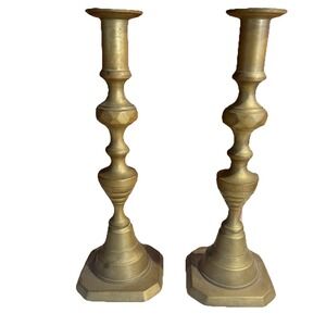 Vtg 19th C Solid Brass Push Up‎ Candlesticks Pair 9.5" Beehive Hollywood England